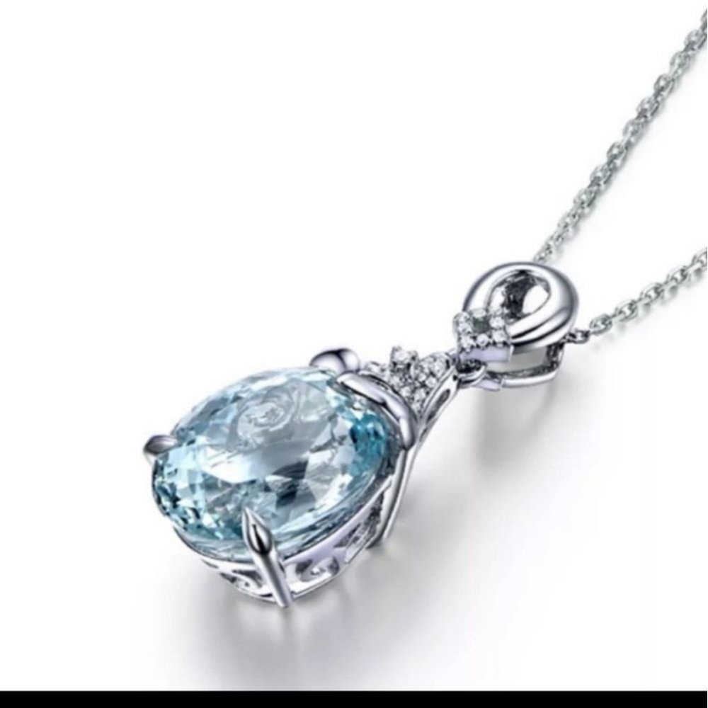 SILVER BLUE AQUAMARINE GEMSTONE WATERDROP NECKLACE